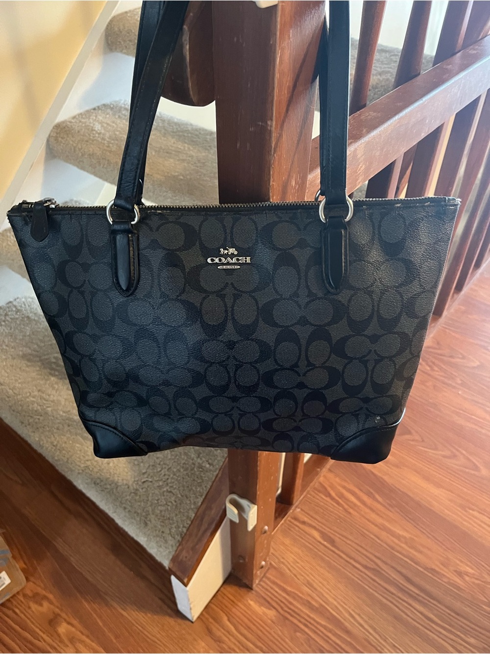 Coach Black Signature Canvas Tote with Black Leather Trim